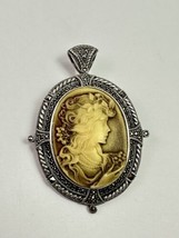 Cameo Sterling Silver Shell Marcasite Oval Pendant Brooch Large 925 CFJ Thai - £37.96 GBP