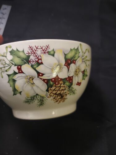 Primary image for Delft Poly Christmas Bowl Handwork Chickadees Poinsettias HTF