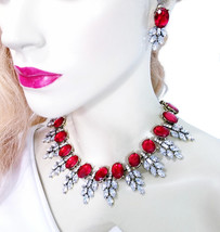 Red Statement Necklace, Rhinestone Necklace Set, Bridal Pageant Jewelry, Gift fo - £43.14 GBP