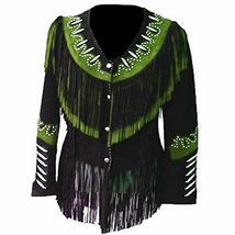 Women Western Wear Cowgirl Black Leather With Green Fringes &amp; Trim Jacke... - $149.00
