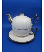 Pier 1 Imports Grace Tea For One White And Silver Teapot Cup And Saucer ... - £22.72 GBP