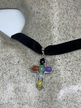 Vintage Mixed Color Stone Cross Choker 925 Sterling Silver Deco Necklace Pendant - £66.10 GBP