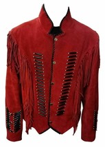 Men&#39;s Red Color Western Style Suede Vintage Leather Bone Fringed Handmade Jacket - £140.99 GBP