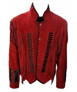 Men&#39;s Red Color Western Style Suede Vintage Leather Bone Fringed Handmad... - £138.80 GBP