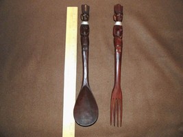 Salad Fork &amp; Spoon Wood Wooden Carved African Ethnic Serving 14&quot; long - £10.04 GBP