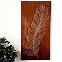 Large Golden Feather Hand Carved Wooden Wall Art Room Decoration - Bohemian Hang - £318.86 GBP