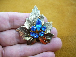 (br-159) BLUE RHINESTONE cluster on textured maple leaf brass pin pendant brooch - £20.58 GBP