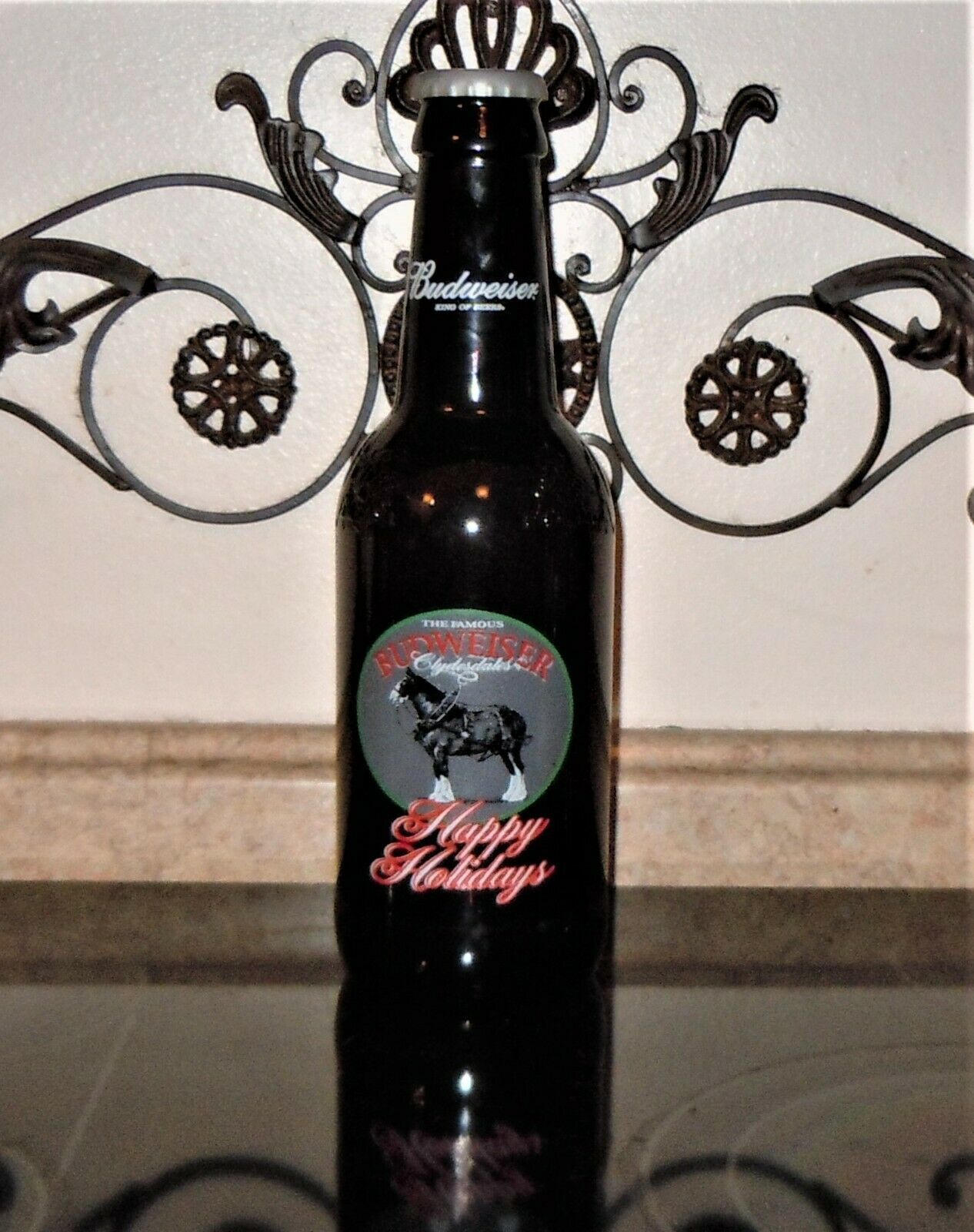 Budweiser Happy Holidays King Pitcher 15" Glass Beer Bottle 64 oz Embossed JUMBO - $31.67