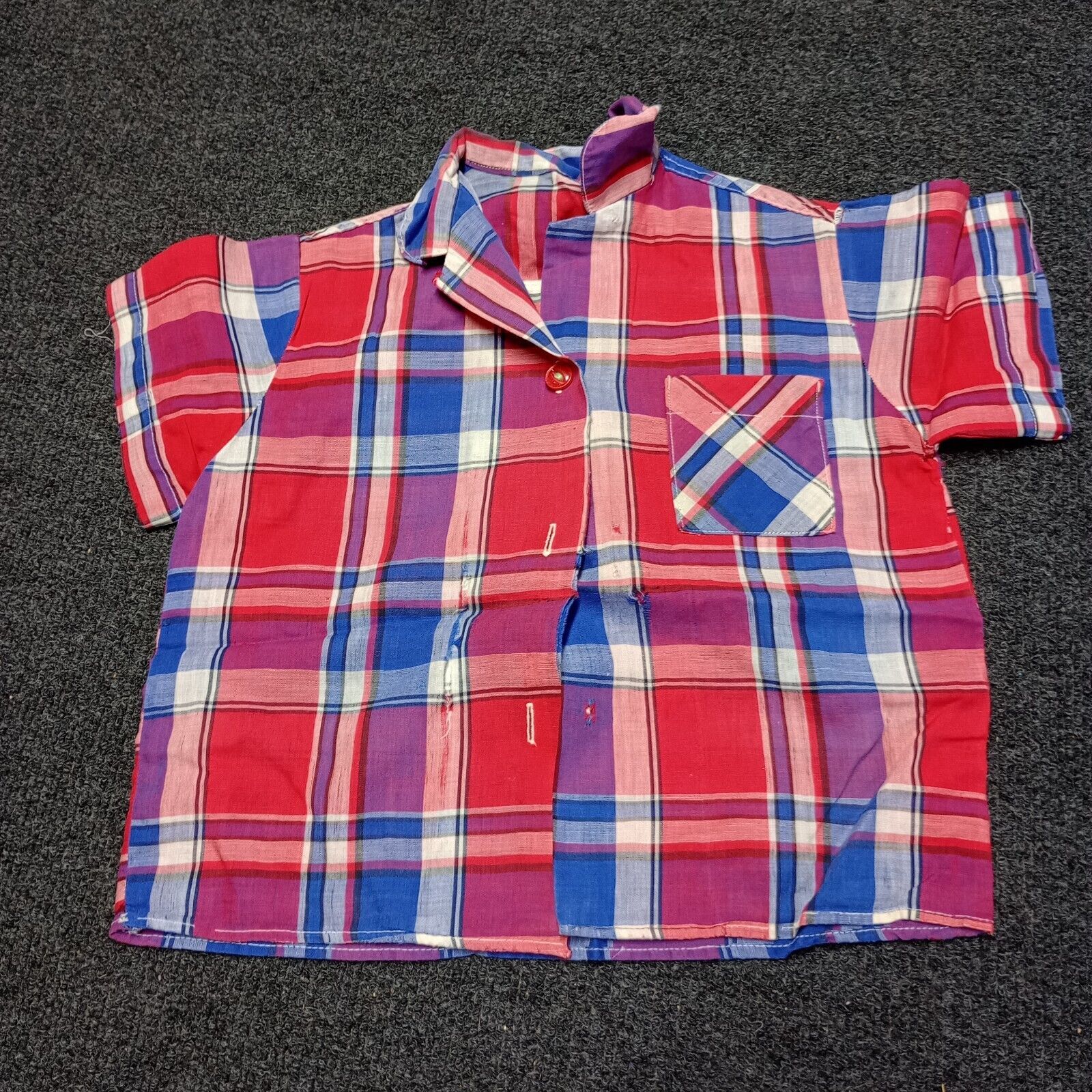 Primary image for Vintage 50s 60s Button Up Shirt Short Sleeve Red Blue Plaid Needs Repair