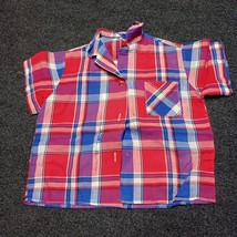 Vintage 50s 60s Button Up Shirt Short Sleeve Red Blue Plaid Needs Repair - £14.52 GBP