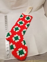 Vintage Hand Crocheted Red White Green Granny Square Christmas Stocking 24” - £14.93 GBP