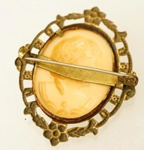 Estate Jewelry Celluloid Cameo Lady Profile Brass Floral Bezel Oval Brooch Pin - £27.39 GBP