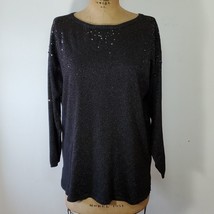 JM Collection Sweater Black Sequin Silver Glitter Boat Neck Long Sleeve Size L - £29.76 GBP