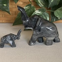 Grey Marble Carved Elephant Figurines Stone Mom &amp; Baby Animal Carvings S... - £10.71 GBP