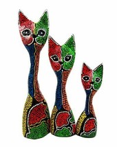 Balinese Wood Handicrafts Abstract Colorful Feline Cat Family Set of 3 Figurines - £16.60 GBP