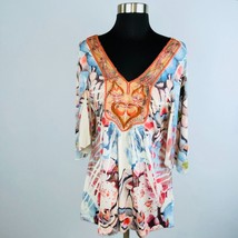 One World Womens Medium M Bohemian Print Sequined Embroidery Bell Sleeve Top - £15.28 GBP