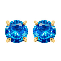 14K Yellow Gold Plated Silver 2.00ct Blue Cubic Zirconia Solitaire Stud Earrings - £51.24 GBP