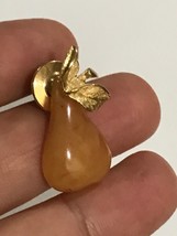 Vintage signed Avon amber color plastic golden metal pear lapel pin - £7.97 GBP