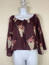 Altar&#39;d State Womens Size M Maroon Skull Floral Tie Neck Crop Top 2/3 Sleeve - £8.62 GBP