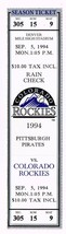 1994 Pirates @ Rockies Full Unused Phantom Ticket September 5th Strike Year - $10.03