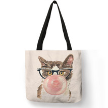 Pretty Girls Handbag Watercolor Cute Manlike Cat Printed Shoulder Bag Eco Linen  - £13.87 GBP