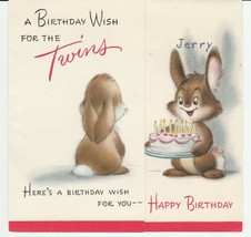 Vintage Birthday Card Twin Rabbits With Cake 1950&#39;s Hallmark Envelope - £7.90 GBP