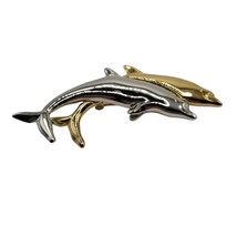 Liz Claiborne Silver Gold Tone Jumping Double Dolphins Brooch Jewelry Ocean Fish - £10.71 GBP