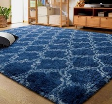 5x8&#39; Dark Blue Soft Fluffy Living Room Bed Room Plush Floor Area Rug - £77.55 GBP
