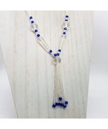 Vintage Glass Bead Tassel Necklace 31&quot; Long Blue Clear Beads For Elegant... - $29.70