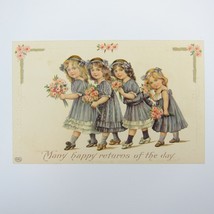 Postcard Many Happy Returns of Day Children Girl Dresses Pink Flowers Antique - £7.90 GBP