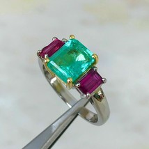 2.16 Carat Colombian Emerald &amp; Ruby Ring Engagement Trilogy 18k Two Tone Over - £71.61 GBP