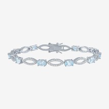 6x4mm Simulated Blue Aquamarine Tennis Bracelet 14K White Gold Plated Silver 7&quot; - £90.57 GBP