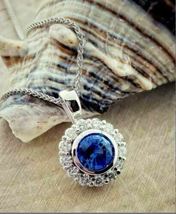 2 Ct Round Simulated Sapphire Halo Pendant 18&quot; Free Chain 925 Silver Gold Plated - £90.33 GBP