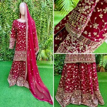 Pakistani Maroon Straight Style Embroidered Sequins Chiffon Gharara Dress,L - $163.35