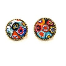 Vtg Signed 12k Gold Filled XO Millefiore Murano Glass Cabochon Screw Earrings - £38.10 GBP