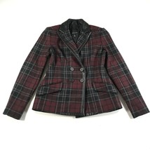 Marissa Webb Pea Coat Womens 2 Red Black Plaid Leather Trim Wool Silk Lined - $186.99