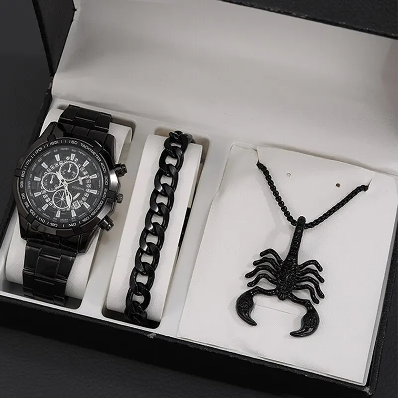 3PCS Set  Fashion Mens Simple  Men Business Stainless Steel Watch Male Neck cele - £80.65 GBP