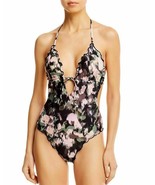 Lucky Brand Smokescreen Ruffle Plunge Monokini One Piece Swimsuit, Multi... - $40.58