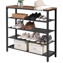 Modern Industrial Style 5-Tier Black Metal Shoe Rack with Brown Wood Top - £120.91 GBP