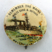 Antique Remember Maine celluloid pinback Bush waltz battleship US Navy m... - $38.32 CAD