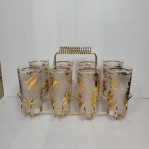 Vintage Libbey Gold Leaf 8 Tumbler Set and Carrier, Hollywood Regency 12 oz - £69.79 GBP