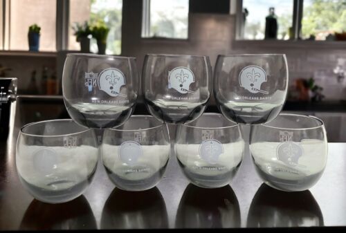 Primary image for Vtg Set of 7 Smoked Glass NFL New Orleans SAINTS Roly Poly 10 Oz Lowball Glasses