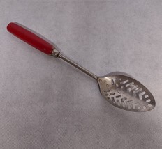 Vintage A&amp;J Slotted Pierced Spoon Red Wooden Handle Kitchen Cooking - $13.95