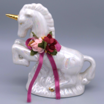 Pearl Iridescent Unicorn Vintage Gold Horn Ceramic with pink flowers Rainbow 6&quot; - £20.34 GBP