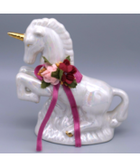 Pearl Iridescent Unicorn Vintage Gold Horn Ceramic with pink flowers Rai... - $489.88 MXN