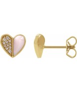 14K Yellow Gold 1/10 Natural Diamond &amp; Pink Enamel Heart Earrings - £336.50 GBP