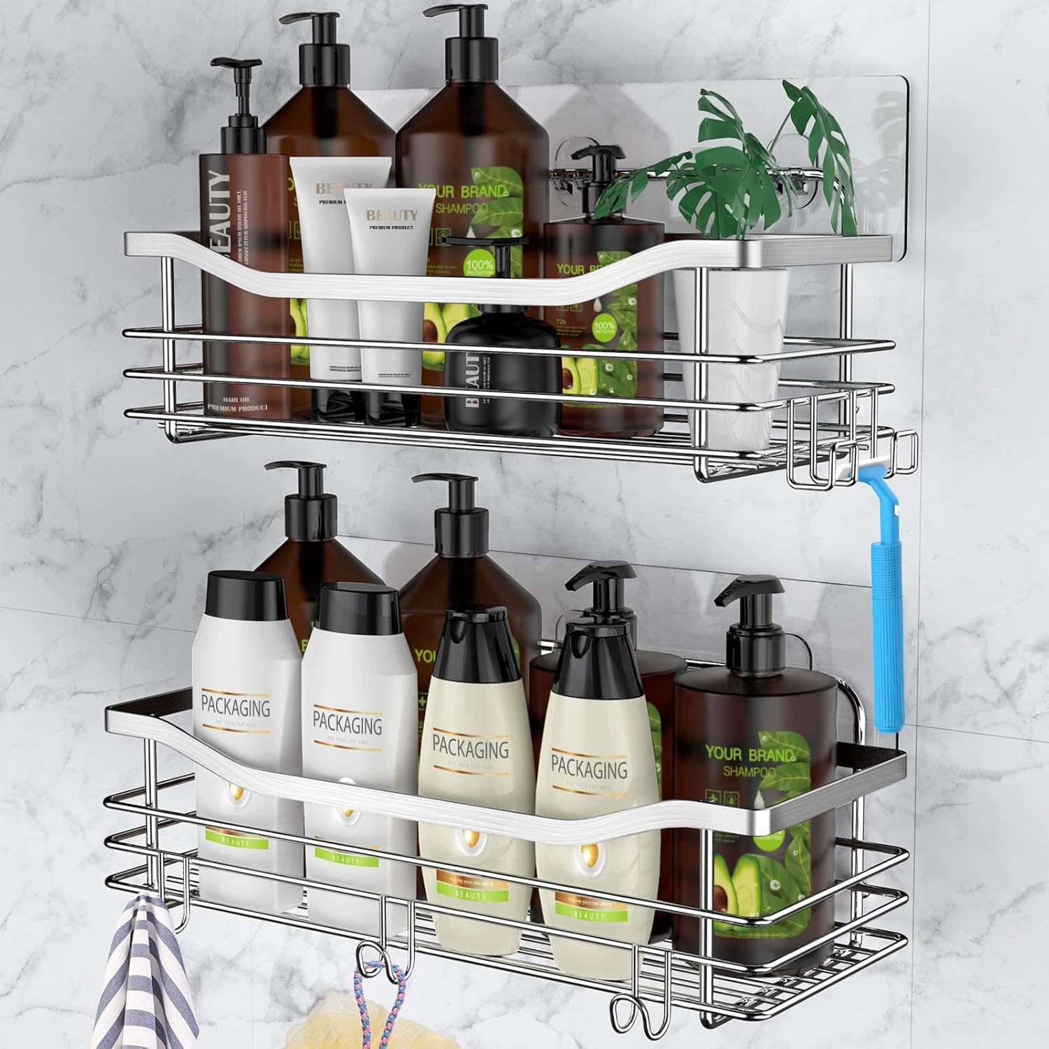 Orimade Shower Caddy Basket Shelf With 5 Hooks Adhesive Organizer, 2 Pack - $36.92