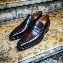 Handmade Maroon Black Moccasin Loafer Slip on Vintage Genuine Men Leather Shoes - £102.84 GBP+