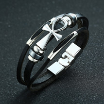 Men Egypt Leather Bracelet Boy Anka Cross Multi-Layer Bangles Charm Wristband Re - £10.35 GBP