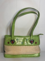 Green &amp; Beige Woven Handbag With Heart Accents &amp; Floral Details Y2k 2000... - $23.07